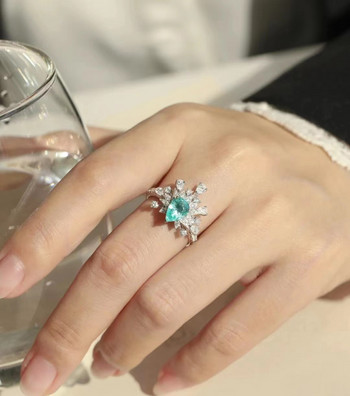 Класически овален сапфирено цвете Paraiba Малък кръгъл пълен диамантен пръстен за двойка за жени Син геометричен подарък за Свети Валентин Бижута