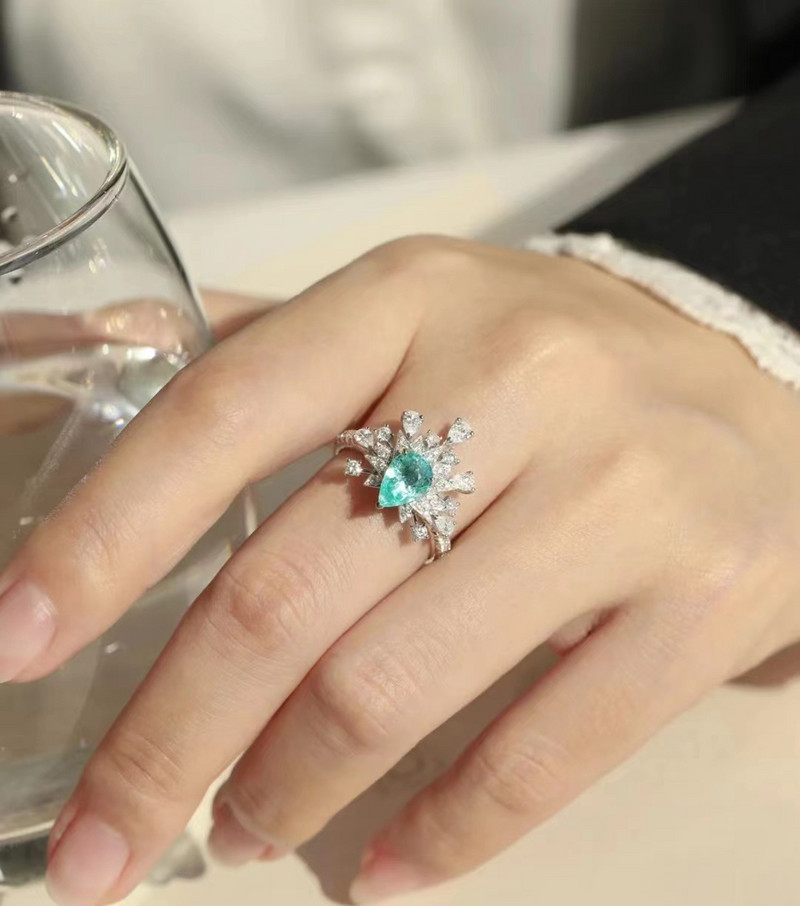 Clasic Paraiba, ovală, floare de safir, mic, rotund, plin, inel de cuplu cu diamante, pentru femei, bijuterii cadou geometrice albastre de Ziua Îndrăgostiților