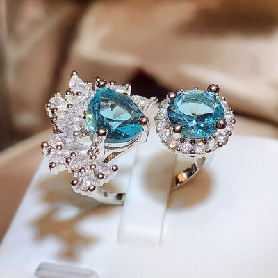 Luxuriou Irregular Oval Square Aquatopaz Sapphire Round Full Diamond Opening Adjustable Couple Rng For Women Anniversary Jewelry