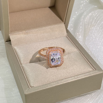 НОВ Пръстен за двойка с деликатен пръстен с багет и пълен диамант от розово злато, злато за жени, бижута с геометрични кристали за Свети Валентин