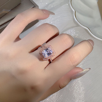 ΝΕΟ Δαχτυλίδι ζευγαριού με μπαγκέτα Princess Full Diamond σε ροζ χρυσό για γυναίκες Γεωμετρικά κρύσταλλα κοσμήματα για την ημέρα του Αγίου Βαλεντίνου