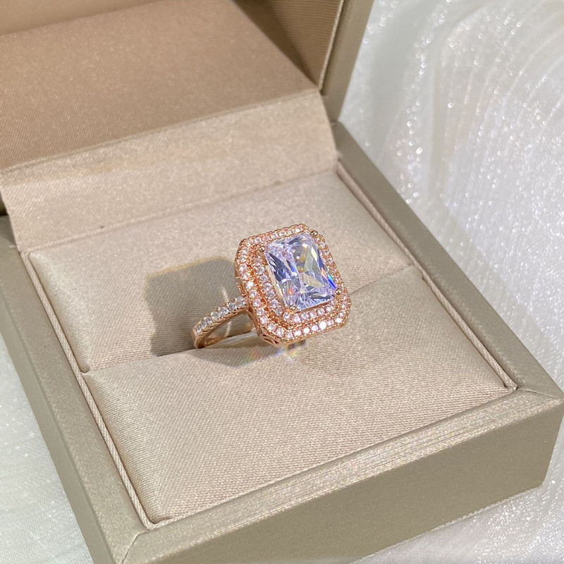 UUS Õrn Princess Baguette täisteemantidega paarisõrmus roosa kullaga naistele geomeetrilisest kristallist sõbrapäeva ehted