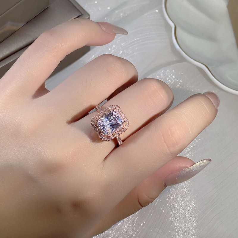 UUS Õrn Princess Baguette täisteemantidega paarisõrmus roosa kullaga naistele geomeetrilisest kristallist sõbrapäeva ehted
