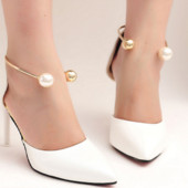 Pantofi cu toc inalt Sireturi Moda culoare sampanie Perla in forma de U Toc anti-cadere Sireturi detasabile Pantofi de dama Accesorii de bijuterii