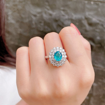 Луксозен параиба сапфир цвете овален диамантен пръстен за двойка за жени геометричен цирконий сребърно покритие подарък за годишнина бижута