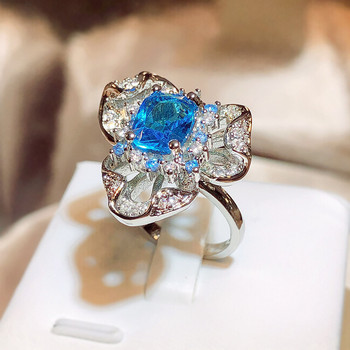 Luxury Flower Aquamarine Topaz Sapphire Full Diamond Ανοιγόμενο Ρυθμιζόμενο Ζευγάρι Δαχτυλίδι για Γυναικεία Δώρο Κοσμήματα για την Ημέρα του Αγίου Βαλεντίνου