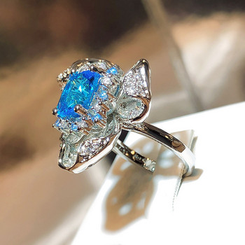 Luxury Flower Aquamarine Topaz Sapphire Full Diamond Ανοιγόμενο Ρυθμιζόμενο Ζευγάρι Δαχτυλίδι για Γυναικεία Δώρο Κοσμήματα για την Ημέρα του Αγίου Βαλεντίνου