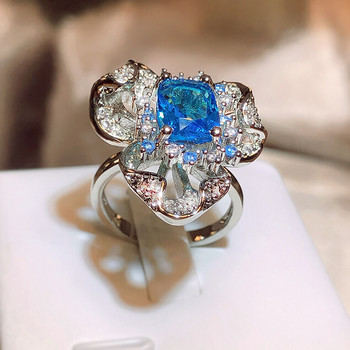 Luxury Flower Aquamarine Topaz Sapphire Full Diamond Ανοιγόμενο Ρυθμιζόμενο Ζευγάρι Δαχτυλίδι για Γυναικεία Δώρο Κοσμήματα για την Ημέρα του Αγίου Βαλεντίνου