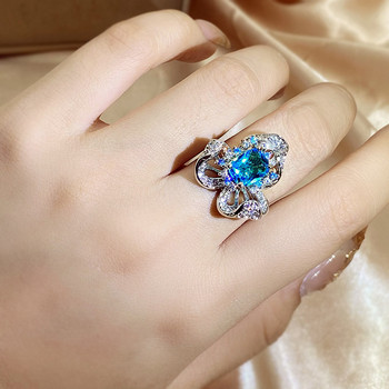 Luxury Flower Aquamarine Topaz Sapphire Full Diamond Ανοιγόμενο Ρυθμιζόμενο Ζευγάρι Δαχτυλίδι για Γυναικεία Δώρο Κοσμήματα για την Ημέρα του Αγίου Βαλεντίνου