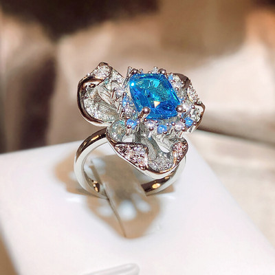 Floare de lux Acvamarin Topaz Safir Deschidere cu diamant complet Inel de cuplu reglabil pentru femei Bijuterii cadou de Ziua Îndrăgostiților