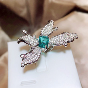 Нова преувеличена луксозна изумрудена правоъгълна пеперуда с пълен диамантен отвор, регулируема двойка Rng за жени, парти, подарък, бижута