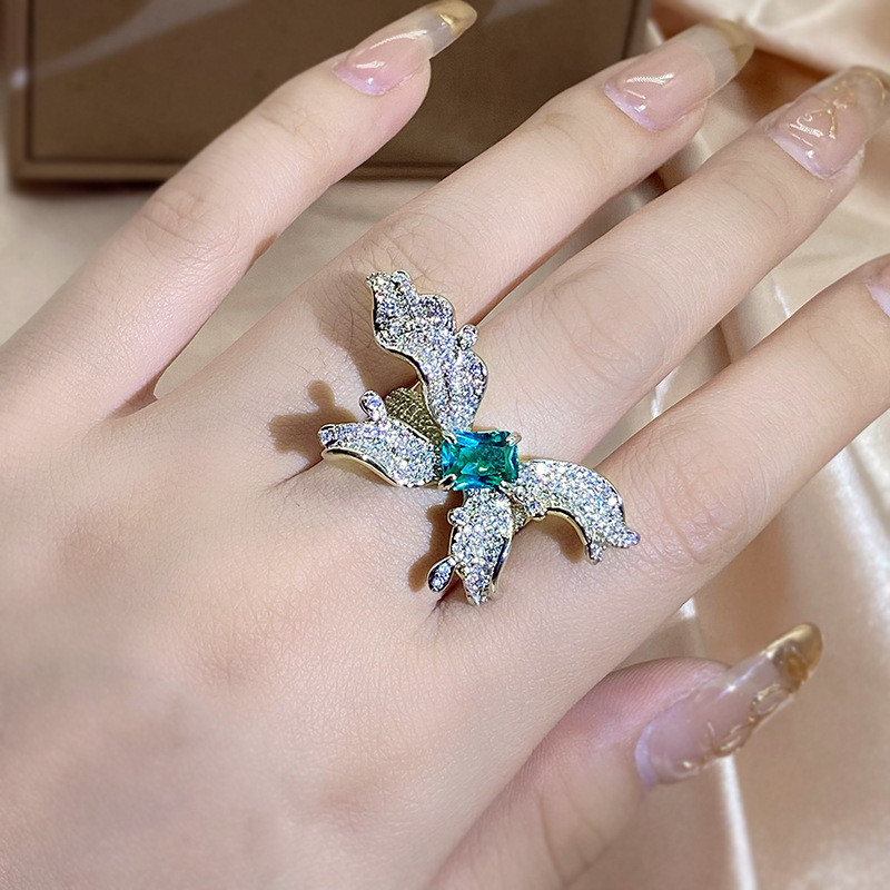 Nou de lux exagerat smarald dreptunghiular fluture cu diamant complet deschidere reglabil cuplu Rng pentru femei cadou de petrecere bijuterii