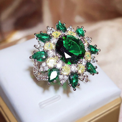 NEW Creative Domineering Round Emerald Yellow Gemstone Full Of Diamonds Couple Ring For Women Flowers Anniversary Gift Jewelry