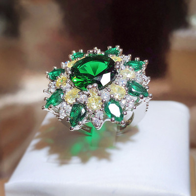 NOU Creativ dominator rotund galben smarald piatră prețioasă plină de diamante inel de cuplu pentru femei flori cadou aniversare bijuterii