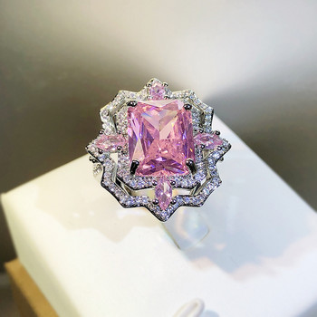 Луксозен цветен ледено цвете Момиче Сърце Розов Пълен диамантен пръстен за двойка за жени Ажурен геометричен подарък за Свети Валентин Бижута