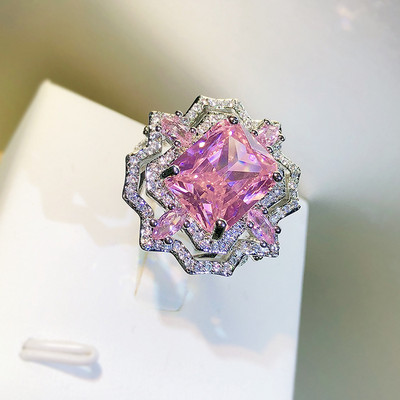 Luksuzni obojeni ledeni cvjetnjak u obliku srca, ružičasti prsten s punim dijamantom za par za žene, ažurni geometrijski poklon nakit za Valentinovo