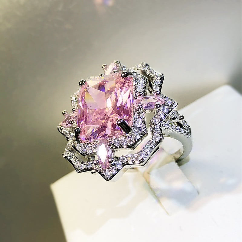 Luksuzni obojeni ledeni cvjetnjak u obliku srca, ružičasti prsten s punim dijamantom za par za žene, ažurni geometrijski poklon nakit za Valentinovo