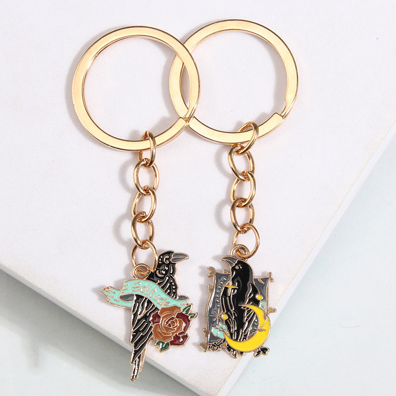 Breloc drăguț emailat, lună, floare, corb, pene, pasăre, breloc chei cu animale, cadou de prietenie pentru femei, bărbați, bijuterii lucrate manual