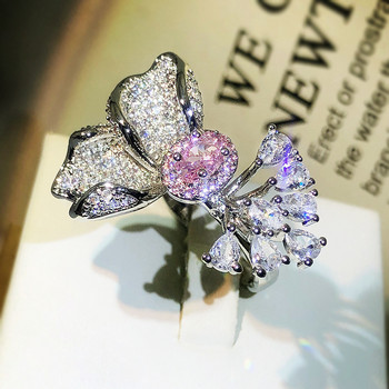 Деликатен асиметричен флорален розов пълен диамантен отворен регулируем пръстен за жени, елипса, геометричен годеж, бижута за булчинско парти