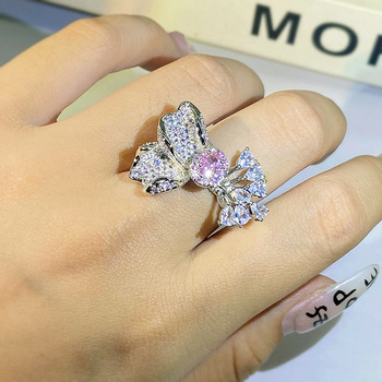 Деликатен асиметричен флорален розов пълен диамантен отворен регулируем пръстен за жени, елипса, геометричен годеж, бижута за булчинско парти