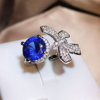 ΝΕΟ πολυτελές στρογγυλό φιόγκο από ζαφείρι γεμάτο διαμάντια Ζευγάρι δαχτυλίδια για γυναίκες Κορίτσι Πεταλούδα γεωμετρία αρραβώνα Νυφικό κοσμήματα δώρου