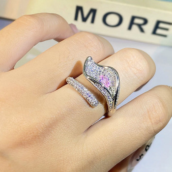 НОВ луксозен неправилен червен корунд с листа от розов пълен диамантен пръстен за двойка за жени Творчески геометричен подарък за Свети Валентин Бижута