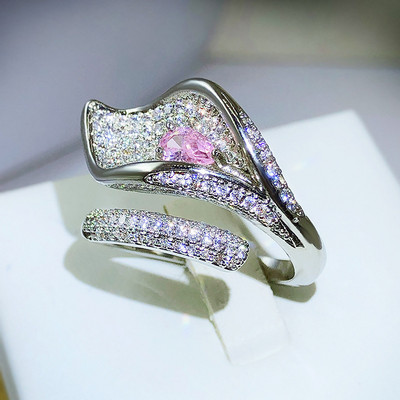 ÚJ Luxus, szabálytalan vörös korundlevelű, rózsaszín teli gyémánt párgyűrű nőknek Kreatív geometriai Valentin-napi ajándék ékszerek