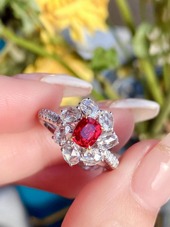 Класически флорален овален пръстен за принцеса с рубинен пълен диамант за двойка за жени Геометричен сребърен годежен подарък Бижута
