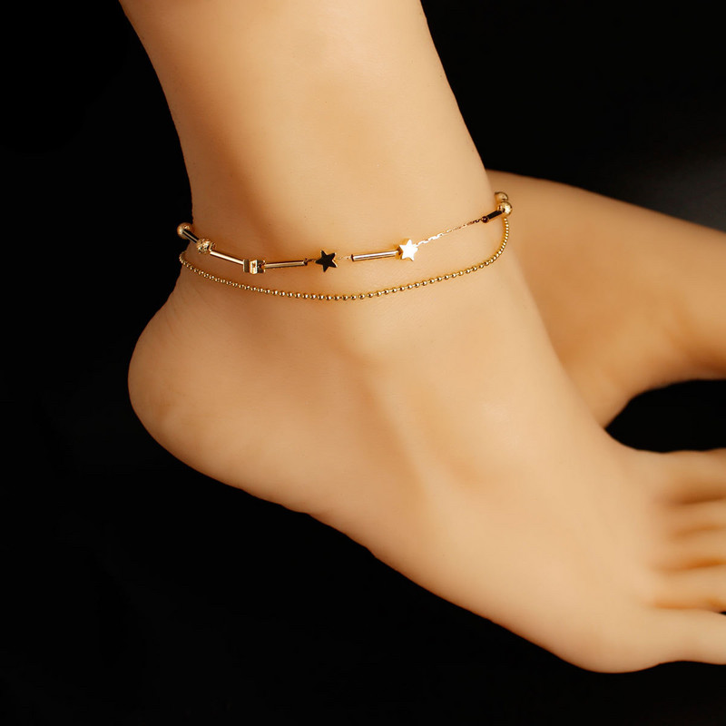 Dainty Bule Brățară de gleznă cu margele de culoare auriu argintiu pe picior Lant dublu Bijuterii pentru picioare Lant pentru gleznă de plajă pentru femei