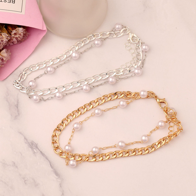 Dainty Bule Brățară de gleznă cu margele de culoare auriu argintiu pe picior Lant dublu Bijuterii pentru picioare Lant pentru gleznă de plajă pentru femei