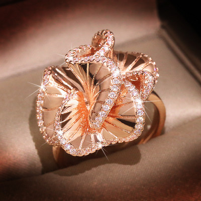 Elegantiški S925 sidabriniai kamelijos žiedai AAA cirkonio vestuviniai žiedai moterims Rožinio aukso spalvos kristalai sužadėtuvių madingi papuošalai