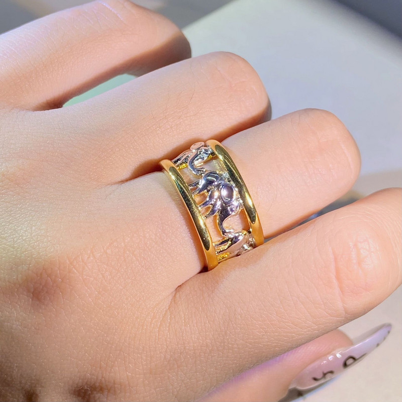 Retro dviejų spalvų 18K auksinis ažūrinis dramblio poros žiedas moterims Dominuojantis geometrinis Valentino dienos dovanų papuošalų didmeninė prekyba