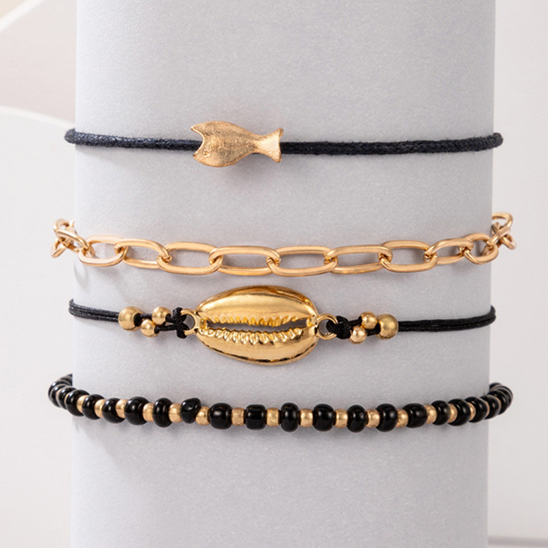 Moda gleznă neagră cu mai multe straturi, inimă, coajă, frunze de lotus, lanț cu margele, accesorii pentru picioare pentru plajă, pentru femei, cadou de bijuterii