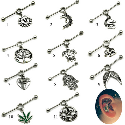 1 бр. Хирургическа стомана Слънце, лист, луна, сърце, крило Tribal Wiccan Pagan Tragus хрущял Helix Индустриална обеца за пиърсинг на щанга