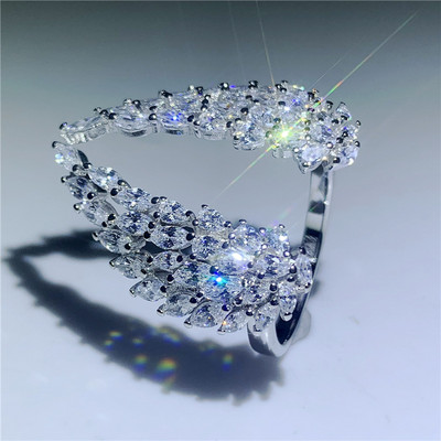 2022 НОВ луксозен пръстен за жени S925 Сребърна маркиза, изрязана бяла, прозрачна кубичен цирконий, вечен регулируем бижу с перо на крило