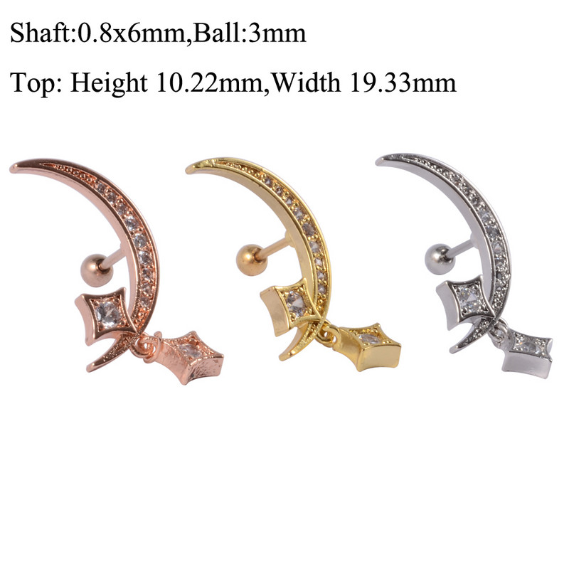 1 bucată 20 g lună cu stea care atârnă cartilajul urechii Tragus Stud Zircon Lobul urechii Stud Helix Cartilage Piercing Cercei Bijuterii pentru corp