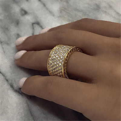 Huitan Luxury Wide Promise Rings for Women Pull Paved CZ Sparkling Wedding Bands Rings Silver Color/Gold Color Fashion Jewelry