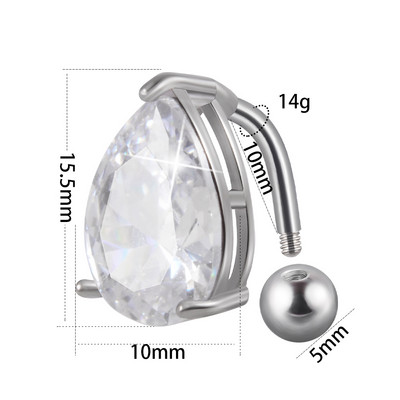 1 τεμ. Αντεστραμμένη μπάρα CZ 14G Δαχτυλίδια με κοιλιακό κουμπιά Big Drop Zircon Leaf Dangling Danging Hon Ring Surgical Steel Belly Oreja Piercing Jewelry