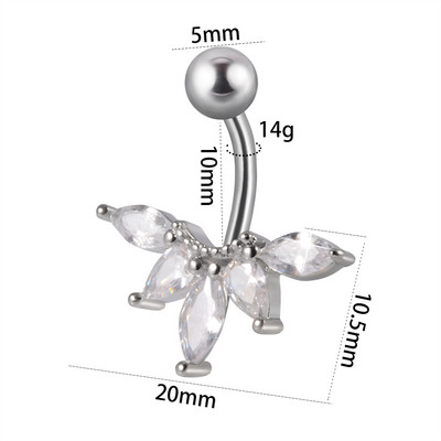 1 τεμ. Αντεστραμμένη μπάρα CZ 14G Δαχτυλίδια με κοιλιακό κουμπιά Big Drop Zircon Leaf Dangling Danging Hon Ring Surgical Steel Belly Oreja Piercing Jewelry