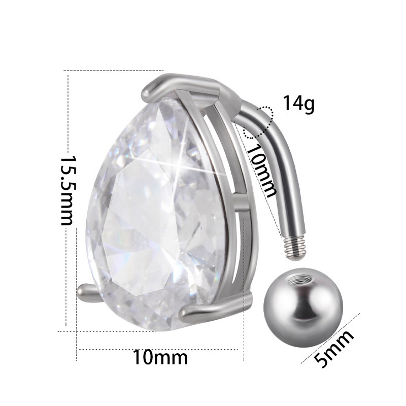 1 τεμ. Αντεστραμμένη μπάρα CZ 14G Δαχτυλίδια με κοιλιακό κουμπιά Big Drop Zircon Leaf Dangling Danging Hon Ring Surgical Steel Belly Oreja Piercing Jewelry