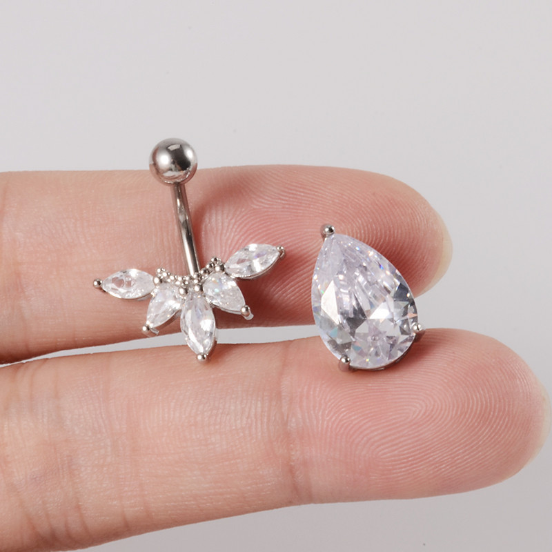 1 τεμ. Αντεστραμμένη μπάρα CZ 14G Δαχτυλίδια με κοιλιακό κουμπιά Big Drop Zircon Leaf Dangling Danging Hon Ring Surgical Steel Belly Oreja Piercing Jewelry
