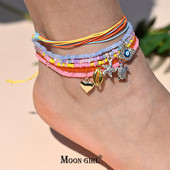 Βραχιόλι αστραγάλου με σχοινί ουράνιο τόξο για γυναικεία μενταγιόν αστερίας με κοχύλι με χάντρες για ποδαράκι με αλυσίδα ποδιών Σετ λουράκι Friendship Κοσμήματα παραλίας