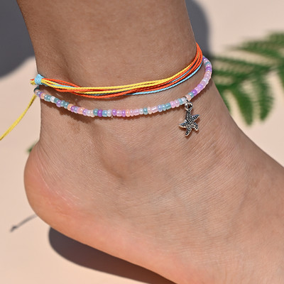 Βραχιόλι αστραγάλου με σχοινί ουράνιο τόξο για γυναικεία μενταγιόν αστερίας με κοχύλι με χάντρες για ποδαράκι με αλυσίδα ποδιών Σετ λουράκι Friendship Κοσμήματα παραλίας