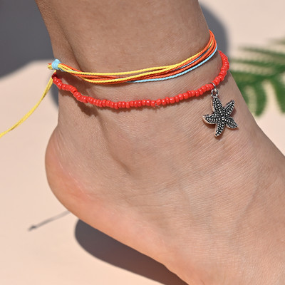 Βραχιόλι αστραγάλου με σχοινί ουράνιο τόξο για γυναικεία μενταγιόν αστερίας με κοχύλι με χάντρες για ποδαράκι με αλυσίδα ποδιών Σετ λουράκι Friendship Κοσμήματα παραλίας