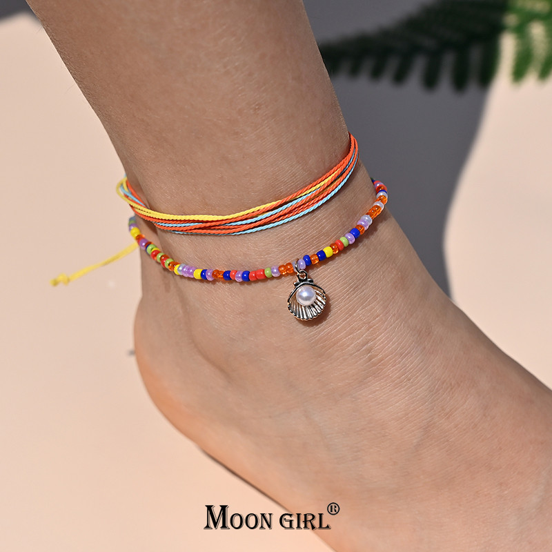 Βραχιόλι αστραγάλου με σχοινί ουράνιο τόξο για γυναικεία μενταγιόν αστερίας με κοχύλι με χάντρες για ποδαράκι με αλυσίδα ποδιών Σετ λουράκι Friendship Κοσμήματα παραλίας