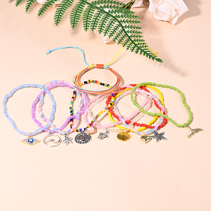 Βραχιόλι αστραγάλου με σχοινί ουράνιο τόξο για γυναικεία μενταγιόν αστερίας με κοχύλι με χάντρες για ποδαράκι με αλυσίδα ποδιών Σετ λουράκι Friendship Κοσμήματα παραλίας