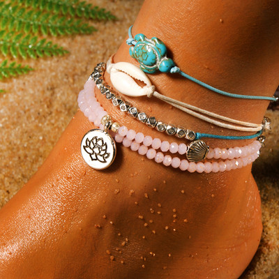 MOON GIRL Set de glezne de lotus din coajă naturală, model Boho, mărgele de cristal, lucrate manual, broasca testoasă, bijuterii de vară pentru femei, Dropshipping