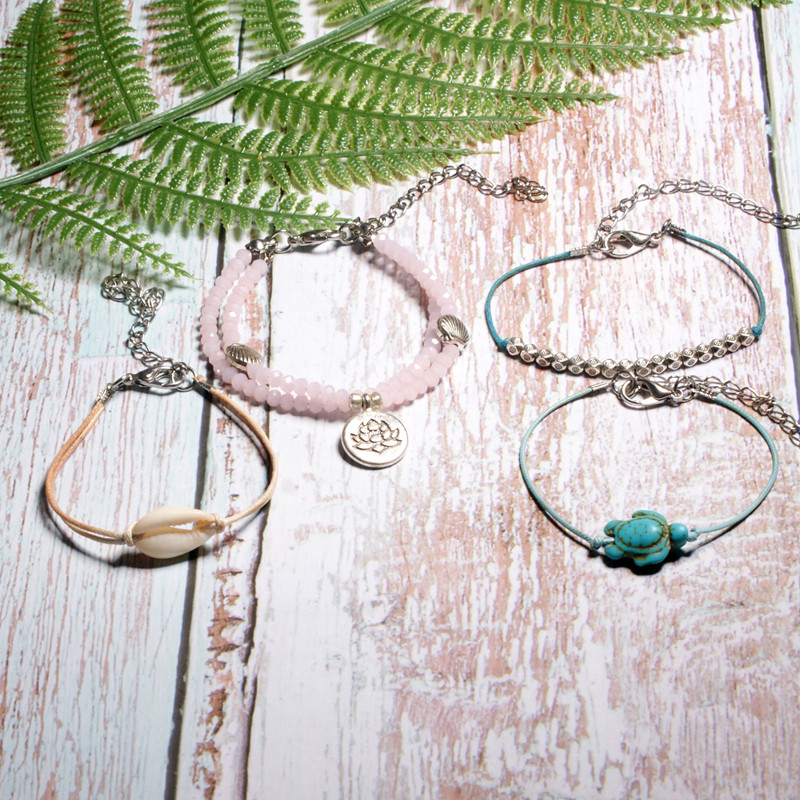 MOON GIRL Natural Shell Lotus Anklet Set Fashion Boho Crystal Bead Χειροποίητη Cowrie Turtle Summer Femme Jewelry Dropshipping