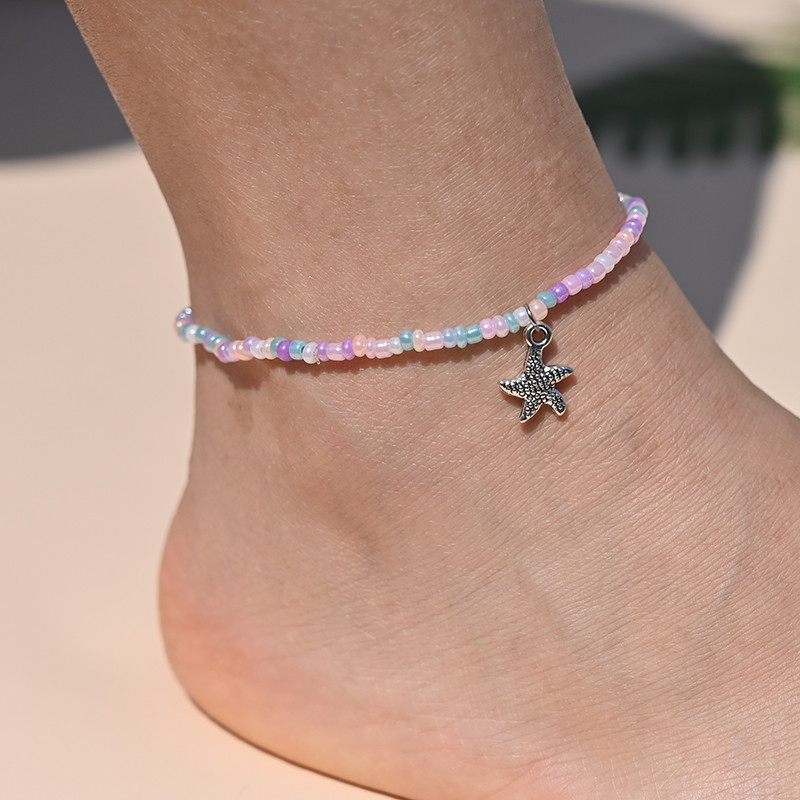 10 ΤΕΜ Βραχιόλι αστραγάλου με χάντρες ουράνιο τόξο για γυναίκες Κρεμαστό μενταγιόν αστερίας με κοχύλι με χάντρες για αγκάθια με αλυσίδα ποδιών Σετ λουράκι Friendship Beach Jewelry