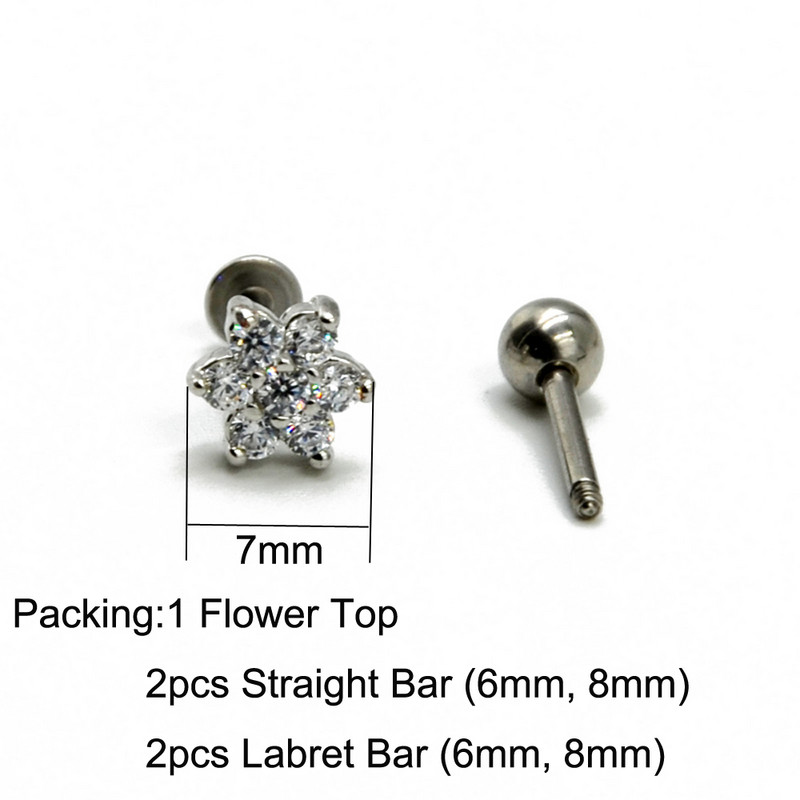 Χειρουργικό Σετ Ατσάλινο Σετ Λουλούδι CZ Gem Ear Tragus Cartilage Helix Σκουλαρίκι Labret Σκουλαρίκι Σκουλαρίκι Σκουλαρίκι Piercing Body Jewelry 16g